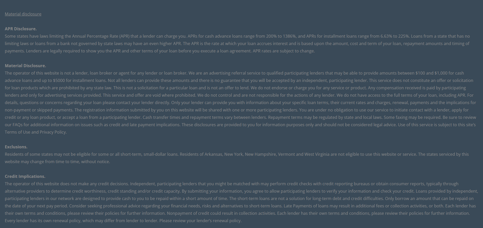 Material disclosure for payday loans in College Station Texas